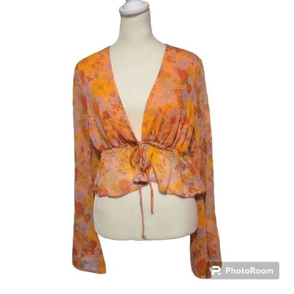 Wild Fable Sheer Orange Floral Top Women's Size Small - Picture 1 of 8